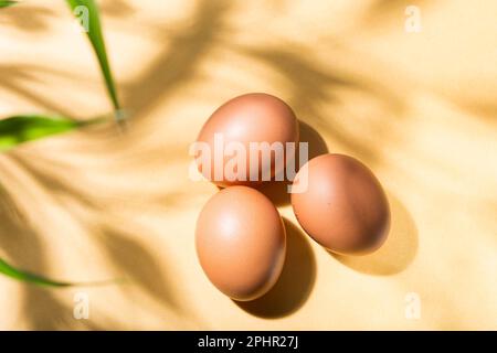 trois œufs de poulet sur fond jaune, vue du dessus Banque D'Images