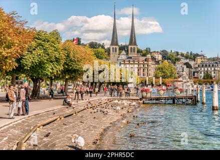 Schweizerhofquai bord du lac de Lucerne en été, Lucerne, Suisse Banque D'Images