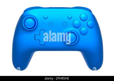 Joystick de jeu vidéo réaliste avec texture chromée bleue isolée sur fond blanc. 3D rendu de l'équipement de streaming pour les jeux dans le cloud et l'espace de travail des joueurs Banque D'Images