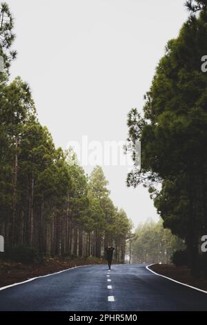 Vue imprenable sur une fille qui marche sur une route qui traverse une belle forêt. Pico de las Nieves, Grande Canarie, îles Canaries. Banque D'Images