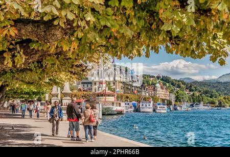 Touristes visitant le lac Schweizerhofquai du lac de Lucerne en été, Lucerne, Suisse Banque D'Images