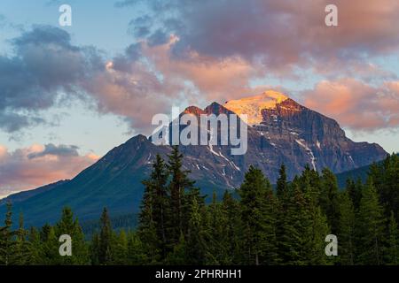 Mont Temple au coucher du soleil, parc national Jasper, Canada. Banque D'Images