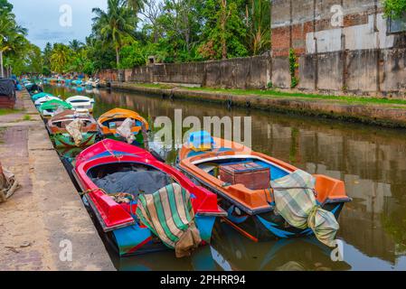 Des bateaux colorés amarrés au canal hollandais de Negombo, Sri Lanka. Banque D'Images