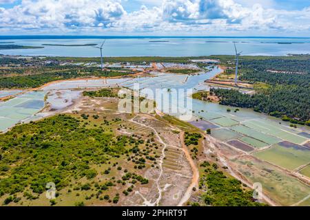 Vue aérienne des champs agricoles négligés par les éoliennes à Kalpitiya au Sri Lanka. Banque D'Images