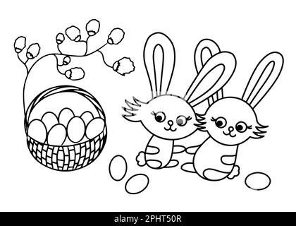 Joyeuses Pâques. Mignon lapin et panier avec des œufs. Illustration vectorielle en noir et blanc Illustration de Vecteur