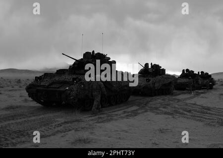 Un groupe de véhicules de combat M2A4 Bradley modernisés, affectés à la brigade de Spartian, 2nd Armored Brigade combat Team, 3rd Infantry Division, se prépare pour un convoi au National Training Center, fort Irwin, Californie, le 23 février 2023. La Brigade Spartan, la brigade la plus moderne de l’Armée de terre, a achevé sa rotation NTC 23-05, ce qui en fait non seulement l’unité la plus équipée mais la plus mortelle de l’arsenal américain alors que l’Armée de terre se dirige vers la construction de l’Armée de terre de 2030. (É.-U. Photo de l'armée par le SPC. Duke Edwards, détachement des affaires publiques de 50th) Banque D'Images