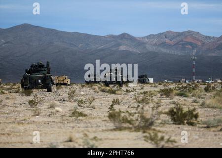 Un groupe de véhicules de combat M2A4 Bradley modernisés, affectés à la Brigade partan, équipe de combat de la Brigade blindée 2nd, 3rd Division d'infanterie, se prépare pour un convoi au Centre national d'entraînement, fort Irwin, Californie, 8 mars 2023. La Brigade Spartan, la brigade la plus moderne de l’Armée de terre, a achevé sa rotation NTC 23-05, ce qui en fait non seulement l’unité la plus équipée mais la plus mortelle de l’arsenal américain alors que l’Armée de terre se dirige vers la construction de l’Armée de terre de 2030. (É.-U. Photo de l'armée par le SPC. Duke Edwards, détachement des affaires publiques de 50th) Banque D'Images