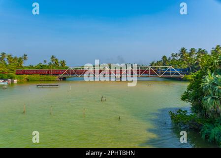 Train traversant la lagune de Koggala sur un pont, Sri Lanka. Banque D'Images