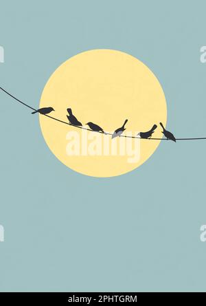 Affiche d'illustration esthétique oiseaux sur fils. Affiche d'illustration esthétique Sun dans le ciel bleu. Silhouettes des oiseaux assis sur un fil. Illustration de Vecteur