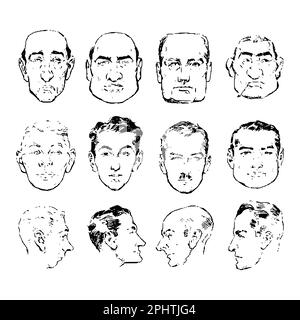 Ensemble de visages pour hommes. Illustration vectorielle dessinée à la main dans un style d'esquisse. Illustration de Vecteur