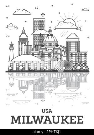 Outline Milwaukee Wisconsin City Skyline avec bâtiments modernes et réflexions isolées sur blanc. Illustration vectorielle. Milwaukee États-Unis CityScape. Illustration de Vecteur