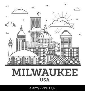 Outline Milwaukee Wisconsin City Skyline avec bâtiments modernes isolés sur blanc. Illustration vectorielle. Milwaukee USA Cityscape avec des sites touristiques. Illustration de Vecteur