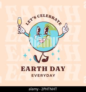 Groovy Earth Day Celebration carte de vœux de personnage de dessin animé rétro. Happy Planet avec un modèle d'étiquette souriant en verre de champagne. Mascotte du logo Vector Illustration de Vecteur