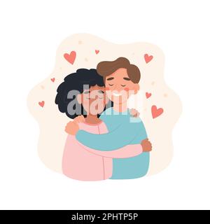 Couple international heureux. Homme et femme de différentes races s'embrassant. Illustration vectorielle mignonne de style dessin animé plat Illustration de Vecteur