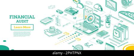 Audit financier. Concept métier isométrique. Rapport de taxe du compte. Ouvrez l'ordinateur portable avec documents. Calendrier et loupe. Illustration vectorielle. Illustration de Vecteur