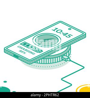 Chargement du smartphone sur le chargeur sans fil. Concept de contour isométrique. Illustration vectorielle. Illustration de Vecteur