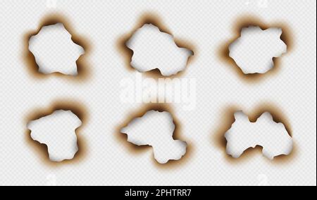 Trous de papier brûlé, parchemin brûlé, bord déchiré réaliste avec effet de cendre Illustration de Vecteur