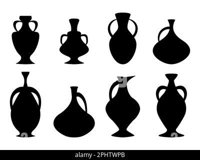 Ensemble d'amphores noires isolées sur fond blanc. Silhouettes Amphora. Pots et amphores grecs anciens. Conception d'amphora pour affiches, bannières et proéminent Illustration de Vecteur