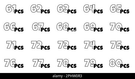 Nombre de pièces dans le jeu de paquets. De 61 à 80 pièces pour la collection d'étiquettes d'emballage. Autocollants indiquant le nombre d'articles consécutifs dans l'emballage du produit. Icônes de contour de style dessin animé. Illustration eps à vecteur isolé Illustration de Vecteur