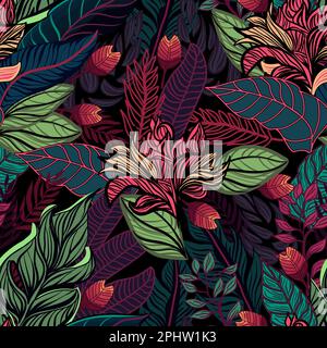 Motif tropical sans couture avec illustrations vectorielles fleurs et plantes de la forêt tropicale dans un style vintage Illustration de Vecteur