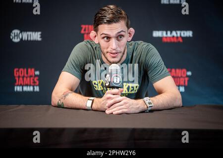 Temecula, Californie, États-Unis. 29th mars 2023. Temecula, CA - 28 mars: Lucas Brennan s'adresse aux médias au Bellator 293 Golm vs James au Pechanga Resort and Casino on 31 mars 2023 à Temecula, Californie, États-Unis. (Credit image: © Matt Davies/PX Imagens via ZUMA Press Wire) USAGE ÉDITORIAL SEULEMENT! Non destiné À un usage commercial ! Banque D'Images