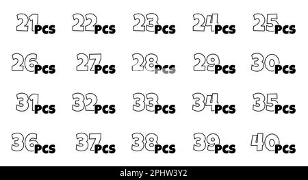 Nombre de pièces dans le jeu de paquets. De 21 à 40 pièces pour la collection d'étiquettes d'emballage. Autocollants indiquant le nombre d'articles consécutifs dans l'emballage du produit. Icônes de contour de style dessin animé. Illustration eps à vecteur isolé Illustration de Vecteur