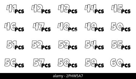 Nombre de pièces dans le jeu de paquets. De 41 à 60 pièces pour la collection d'étiquettes d'emballage. Autocollants indiquant le nombre d'articles consécutifs dans l'emballage du produit. Icônes de contour de style dessin animé. Illustration eps à vecteur isolé Illustration de Vecteur