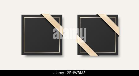 Carte noire vierge carrée vectorielle. Livret, carte postale, modèle de création de carte de crédit pour le marquage, Félicitations, invitation avec ruban de soie, doré Illustration de Vecteur