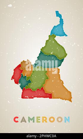 Carte du Cameroun. Affiche de pays avec des régions colorées. Texture grunge ancienne. Illustration vectorielle du Cameroun avec le nom du pays. Illustration de Vecteur