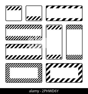 Divers panneaux d'avertissement noirs vierges avec lignes diagonales. Panneau attention, danger ou attention, signalisation du chantier. Panneau de signalisation réaliste Illustration de Vecteur