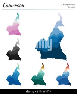 Ensemble de cartes vectorielles du Cameroun. Motif vagues éclatantes. Carte lumineuse du pays dans le style des courbes lisses géométriques. Illustration de Vecteur