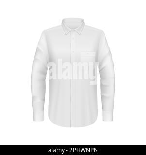 Chemise homme blanche maquette, 3D vecteur homme robe classique avec manches longues vue avant. Maquette coupe ajustée à motif vectoriel isolé avec détails, tissu Illustration de Vecteur