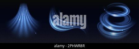 Effet d'air froid, vent d'hiver tourbillonne et vague. Flux bleus de brise fraîche isolés sur fond transparent. Tourbillon, effet de lumière tourbillonnante, v Illustration de Vecteur
