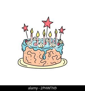 Gâteau d'anniversaire isolé. Tarte d'anniversaire pour enfant à la main et à l'Doodle vectoriel. Illustration d'un gâteau coloré avec cinq bougies et de la crème Illustration de Vecteur