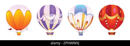 Ensemble de ballons à air chaud isolés sur fond blanc. Illustration vectorielle d'aérostats fantaisie colorés avec paniers volant haut dans le ciel. Magique Illustration de Vecteur