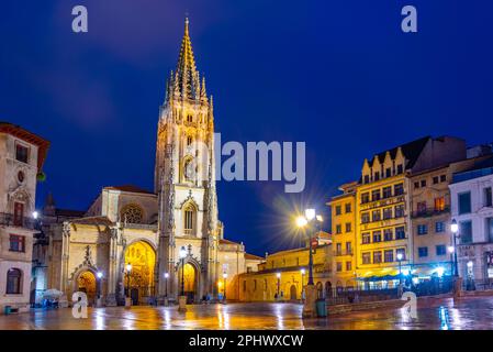 Vue nocturne de la cathédrale métropolitaine de San Salvador d'Oviedo en Espagne. Banque D'Images