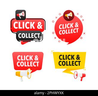 Ensemble de libellés de mégaphone avec clic de texte et collecte. Cliquez sur et récupérez la bannière d'annonce Illustration de Vecteur