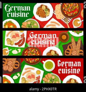 Banderoles de cuisine allemande avec schnitzel, choucroute et pain, plats et repas allemands recette de nourriture, Vector. Dîner de cuisine allemande avec bière et porc m Illustration de Vecteur