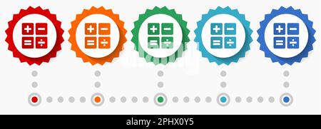 Jeu d'icônes vectorielles de calculatrice, modèle d'infographie coloré, jeu d'icônes de badge à motif plat dans 5 options de couleurs Illustration de Vecteur