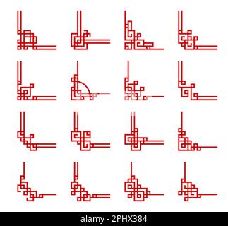 Rouge chinois cadres coins et séparateurs de nœuds de chance, frontières géométriques vectorielles. Cadres décoratifs asiatiques ou chinois et bordures d'angle de l rouge Illustration de Vecteur