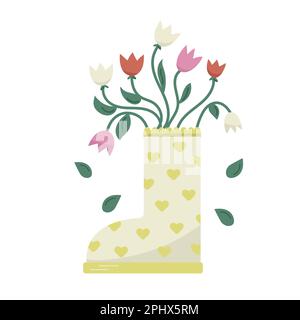 Joli bouquet de tulipes en bottes jaunes avec coeurs. Carte romantique Vector Spring. Jardin dessiné à la main. Illustration de Vecteur