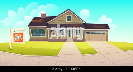 Ancienne maison avec toit cassé, fenêtres à bord et panneau vendu. Maison abandonnée en ruine à vendre. Vector caricature derélict bâtiment en bois, oublié ramjumelle cottage avec garage Illustration de Vecteur