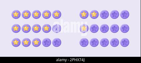 Ensemble de 3D étoiles dorées pour une note basse et élevée sur fond violet. Avis client ou feedback du concept client. Illustration vectorielle réaliste Illustration de Vecteur
