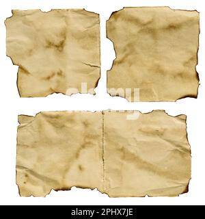 Vieux papier avec bords brûlés sur fond blanc avec chemin d'écrêtage Banque D'Images