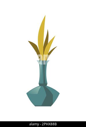 Vase bleu avec feuilles de plantes isolées sur fond blanc. Icône de dessin animé vectoriel du bouquet de printemps dans une bouteille ou un pot en verre décoratif. Élément de décoration à fleurs vertes pour intérieur de maison Illustration de Vecteur