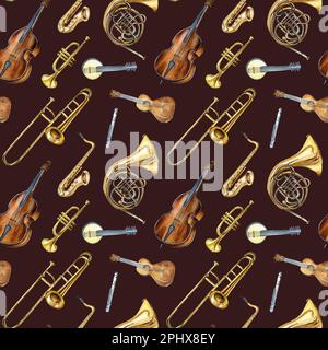Instruments de musique aquarelle à motif sans couture isolée à l'obscurité. Instruments de musique à cordes et à vent, corne, contrabass dessinés à la main. Elément de conception f Banque D'Images