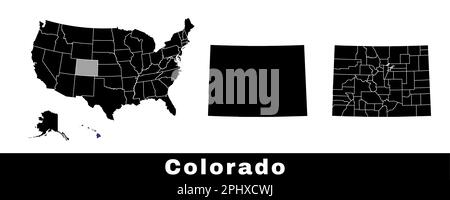 Carte de l'État du Colorado, États-Unis. Ensemble de cartes du Colorado avec frontières, comtés et cartes des États-Unis. Illustration de vecteur de couleur noir et blanc. Illustration de Vecteur