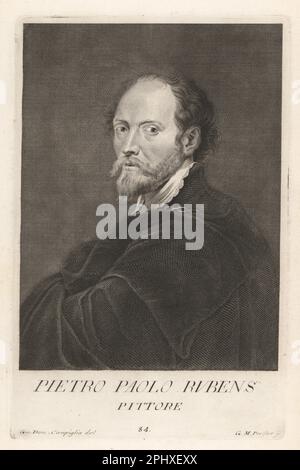 Sir Peter Paul Rubens, artiste flamand et diplomate du duché de Brabant dans le sud des pays-Bas, 1577-1640. Pietro Paolo Rubens, Pittore. Gravure sur plaque de coperplate par Georg Martin Preissler d'après Giovanni Domenico Campiglia après un autoportrait de l'artiste du Museo Florentino de Francesco Moucke, Serie di Ritratti de Pittori (série de Portraits de Peintres) stampia Mouckiana, Florence, 1752-62. Banque D'Images