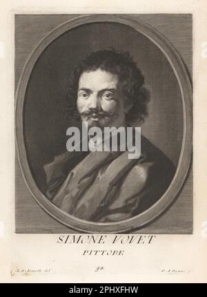 Simon Vouet, peintre historique français, 1590-1649. A étudié et a pris de l'importance à Rome, en Italie, avant d'être embauché par le roi Louis XIII comme premier ministre du Roi en France. Simone Vouet, Pittore. Gravure sur plaque de coperplate par Pietro Antonio Pazzi d'après Giovanni Domenico Campiglia après un autoportrait par l'artiste du Museo Florentino de Francesco Moucke, Serie di Ritratti de Pittori (série de Portraits de Peintres) stampia Mouckiana, Florence, 1752-62. Banque D'Images