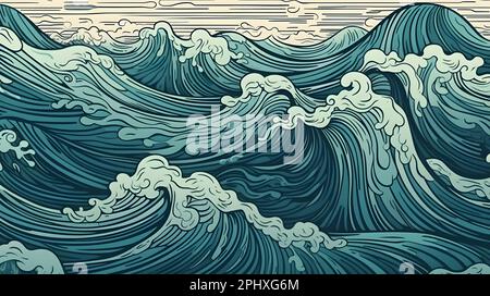 Fond des vagues de la mer. Illustration vectorielle dessinée à la main de style vintage gravé. Banque D'Images